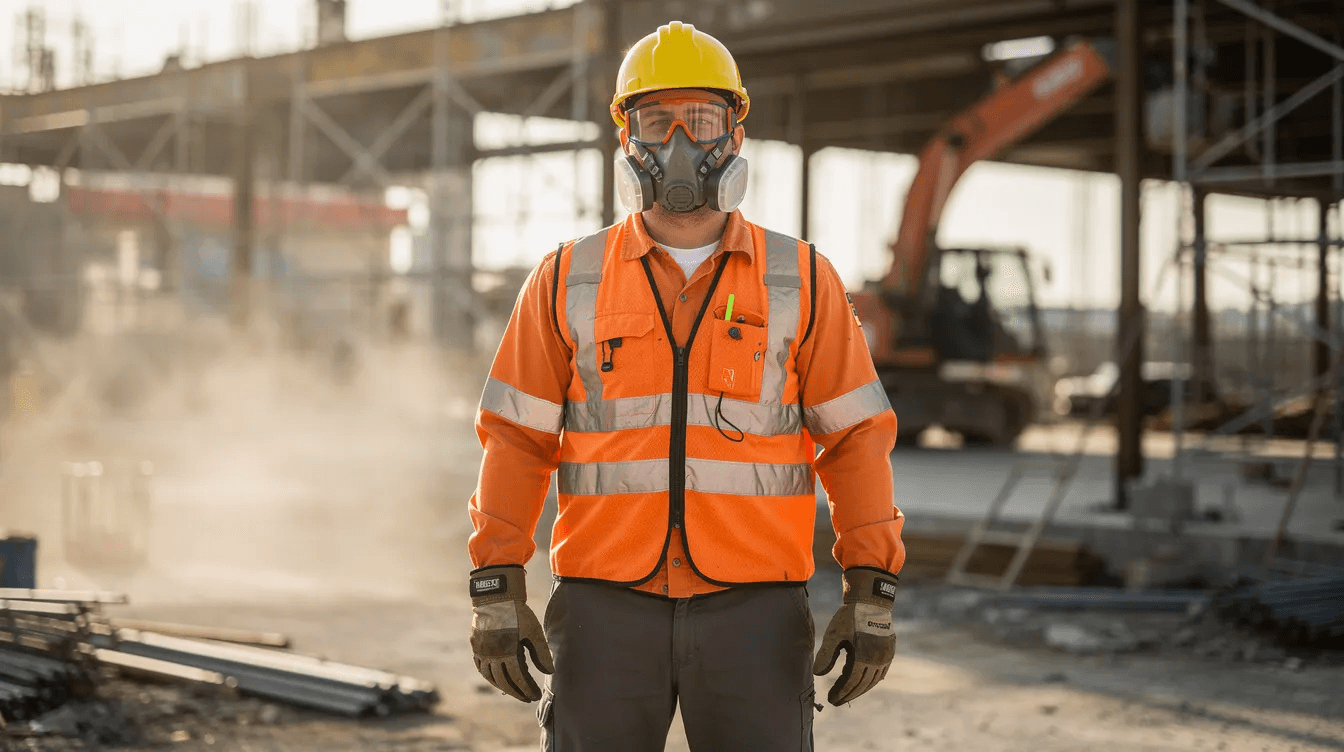 A construction worker is seen on an active job site, fully equipped with personal protective gear, including a respirator and safety goggles, as they prepare to apply sprayed fire resistant material to protect steel structures. This fireproofing solution is crucial for maintaining the structural integrity of the building against high temperatures and potential fire risks.