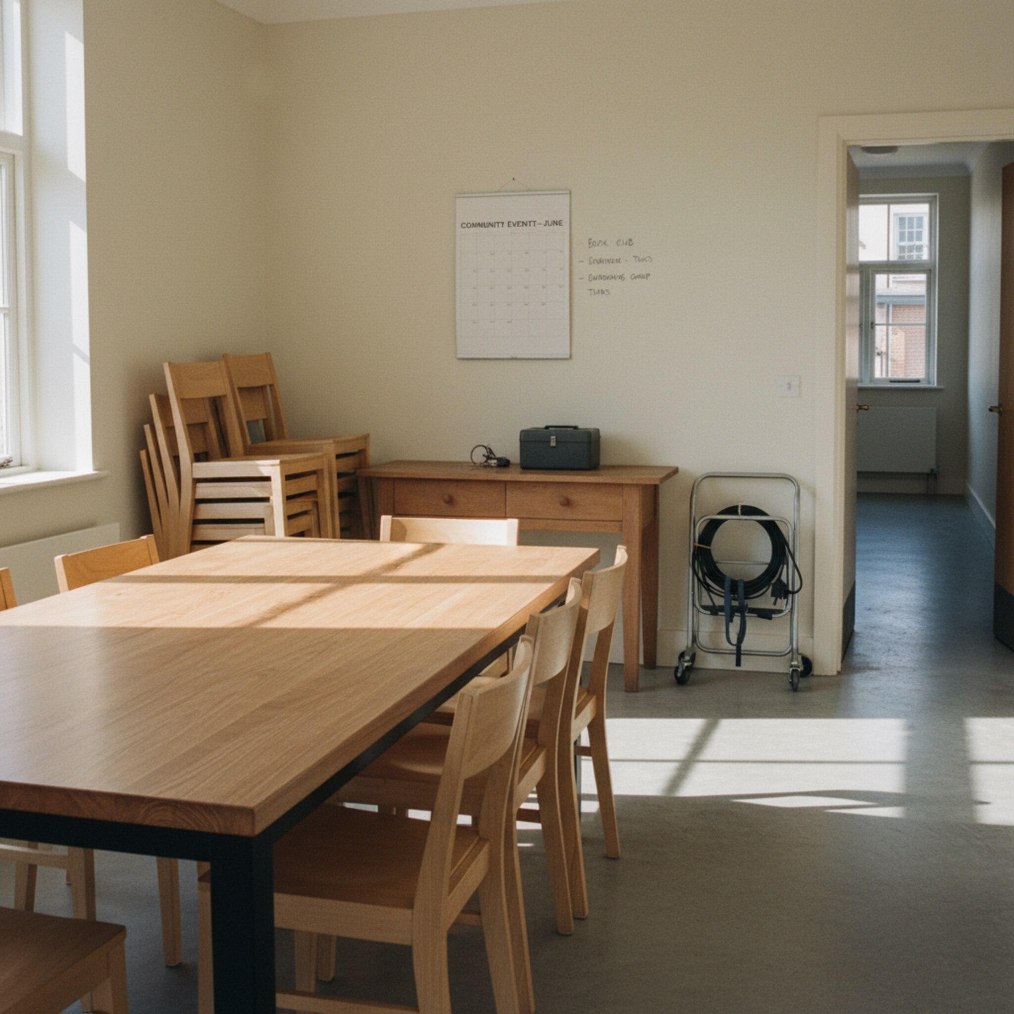 Ein heller Sitzungsraum zeigt einen großen Holztisch mit sorgfältig gestapelten Stühlen. Auf dem Sideboard liegen ein Schlüsselbund und ein kleines Kautionskästchen. Sonnenlicht fällt über den Boden, ein dezenter Kalender hängt an der Wand. In der Ecke wartet ein gefalteter Beamerwagen, die Tür ist angelehnt.