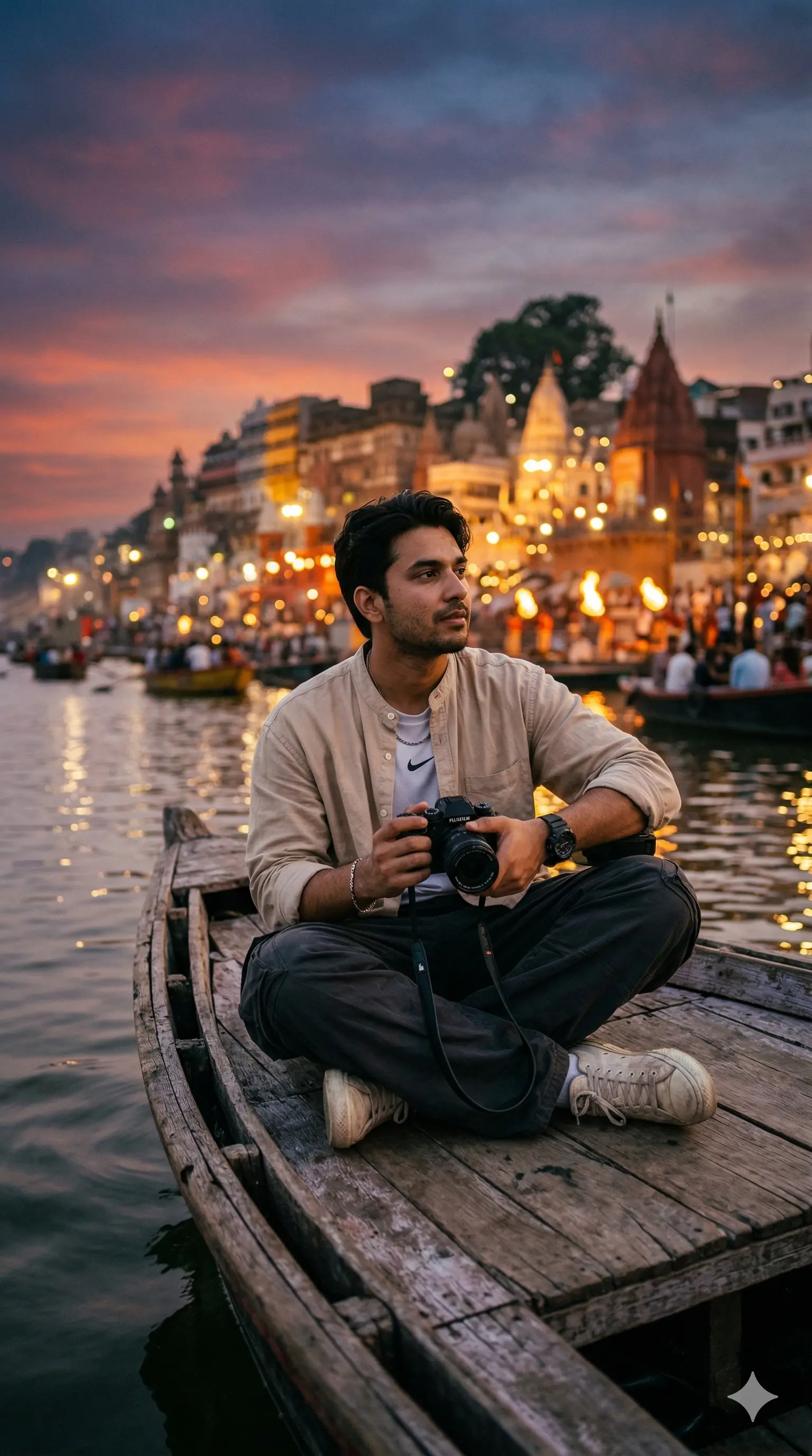 High-quality AI marketing image generation of a photographer on a boat in Varanasi, utilizing Nanobanana prompts from Mahendra's digital marketing portfolio.