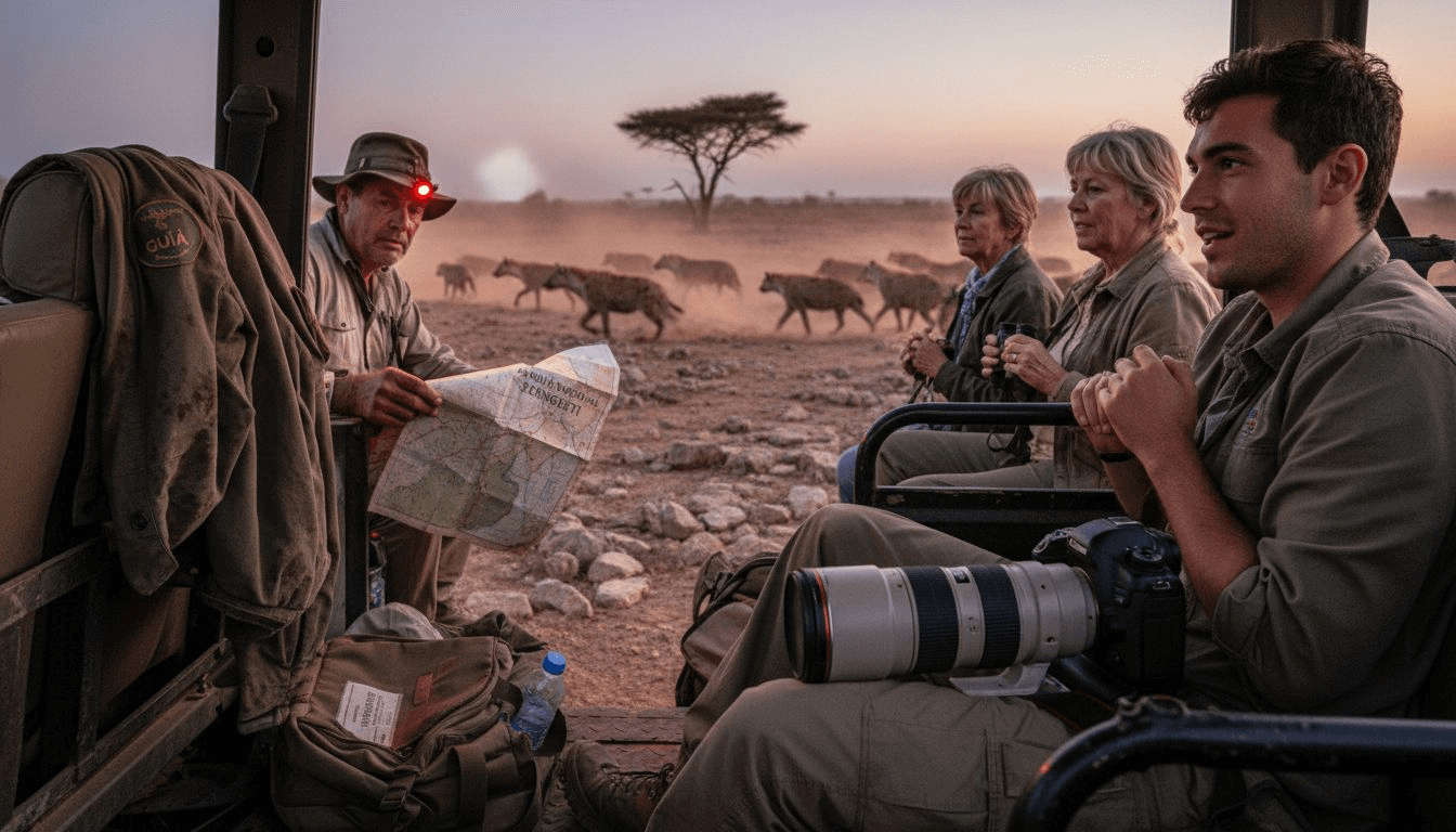 Un grupo de viajeros contempla a las hienas mientras exploran la sabana en un emocionante safari nocturno.