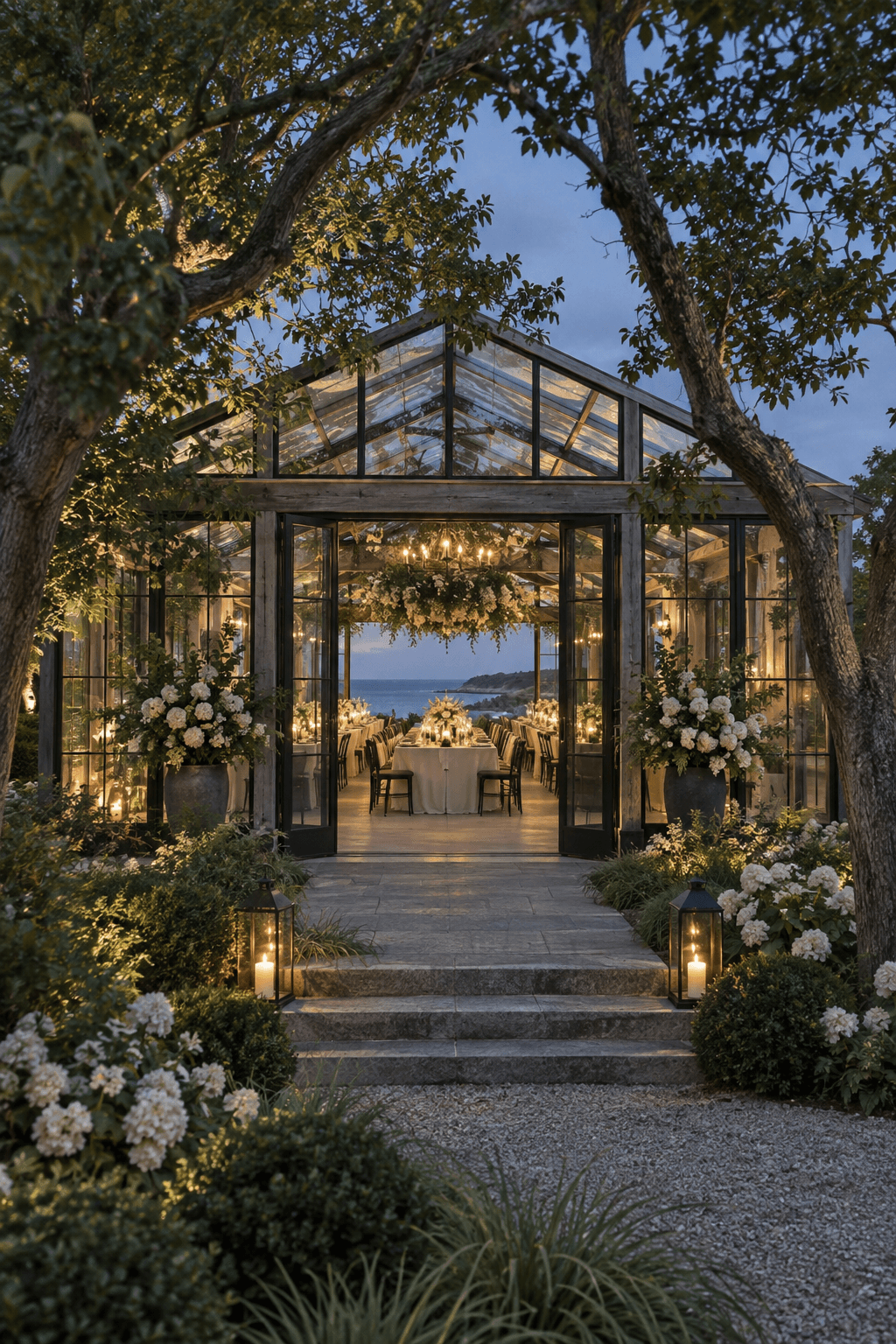 A glass wedding pavilion prepared for an intimate ceremony
