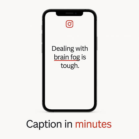 Thumbnail showing a smartphone with an Instagram caption about brain fog and “Caption in minutes” for a menopause coach content prompt