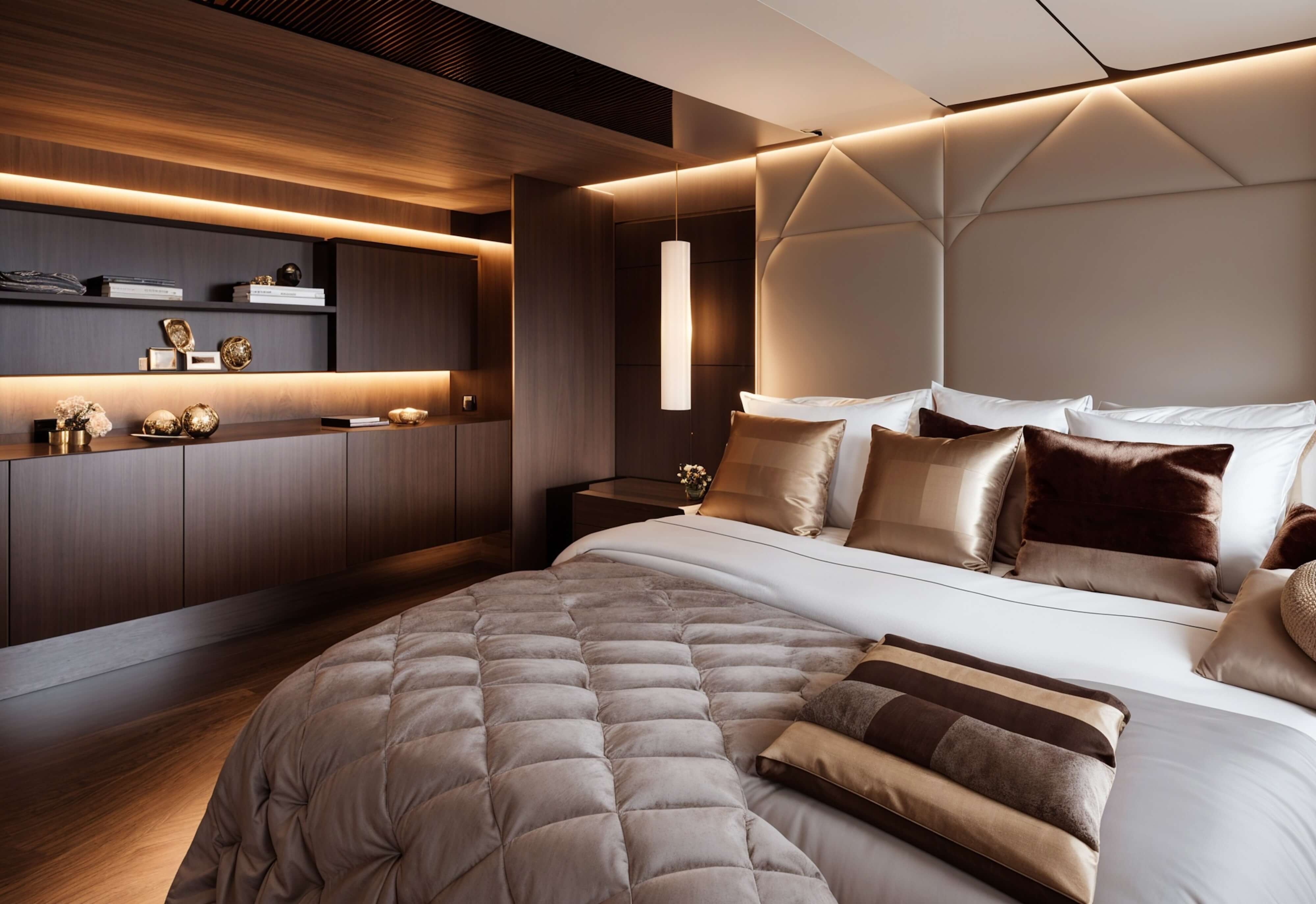 Warm, tonal master suite on a luxury yacht with tailored bedding, soft lighting, and architectural wood detailing for serene ocean living.