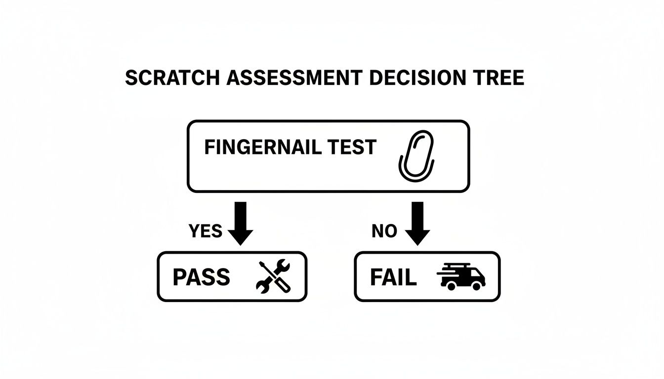 A scratch assessment decision tree flowchart outlining steps based on a fingernail test.