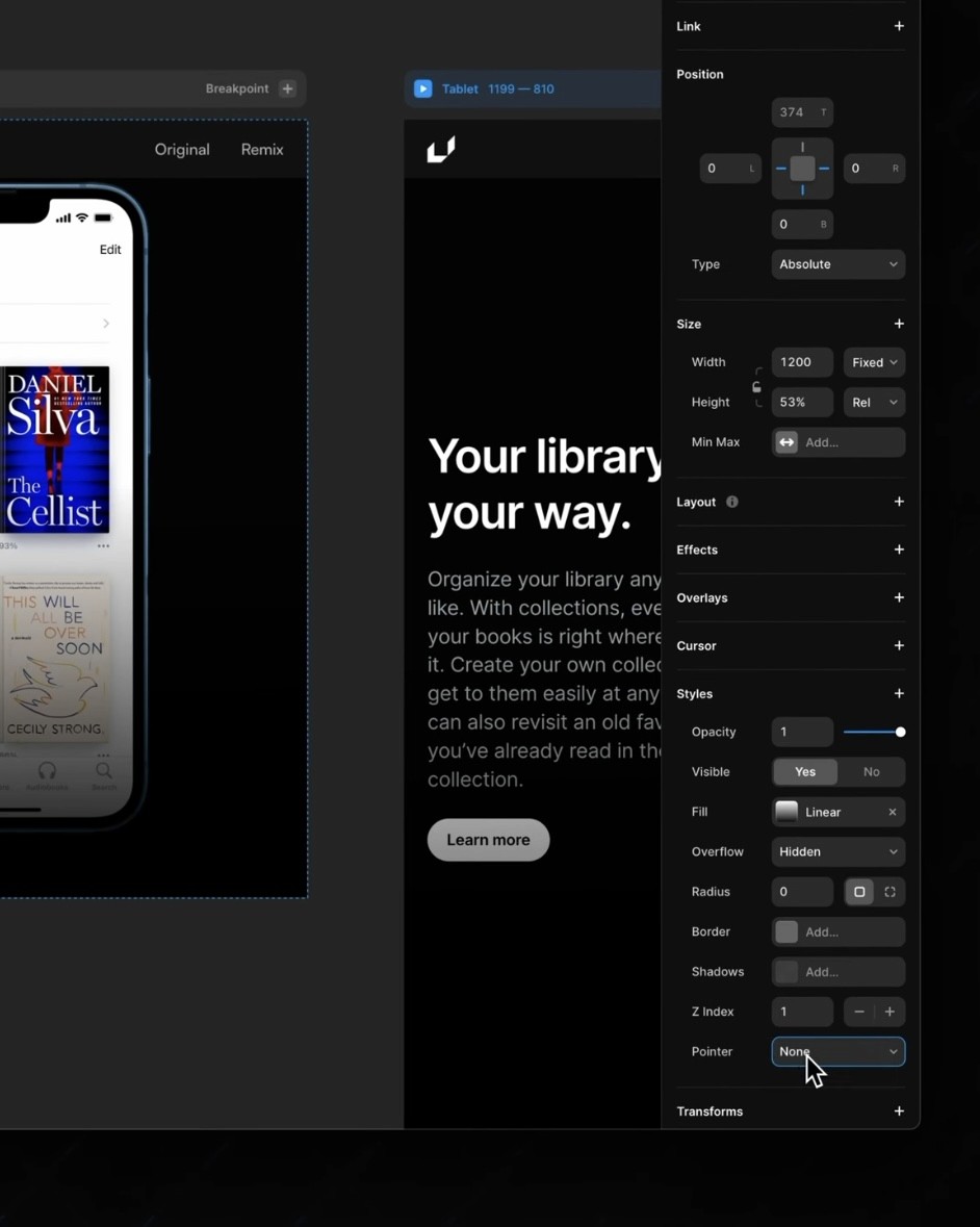 Framer workspace showing a mobile and desktop view of a library app interface alongside design and layout settings panels