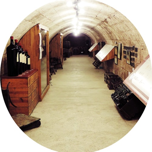 ห้องใต้ดินของโรงกลั่นไวน์ที่มีแสงสลัว แม่บันไดโค้ง ขวดไวน์ทางด้านซ้าย การแสดงข้อมูลทั้งสองด้าน และลังไวน์ตามผนัง