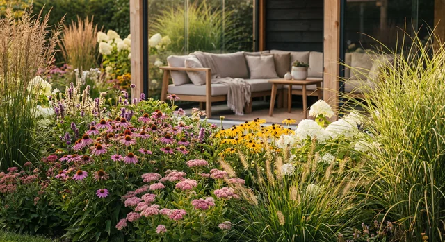 Weelderige tuin met kleurrijke bloemen en een gezellige loungehoek met banken.