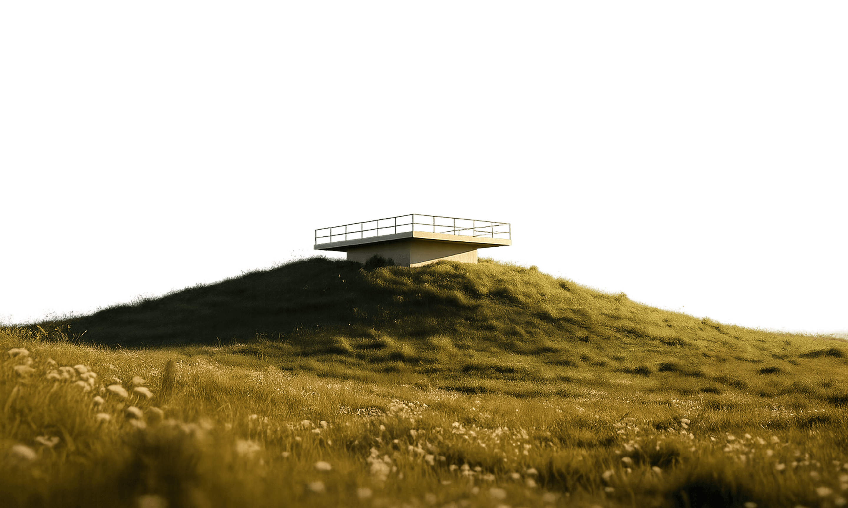 Concrete viewing platform with metal railings atop a grassy hill, isolated against a white background.
