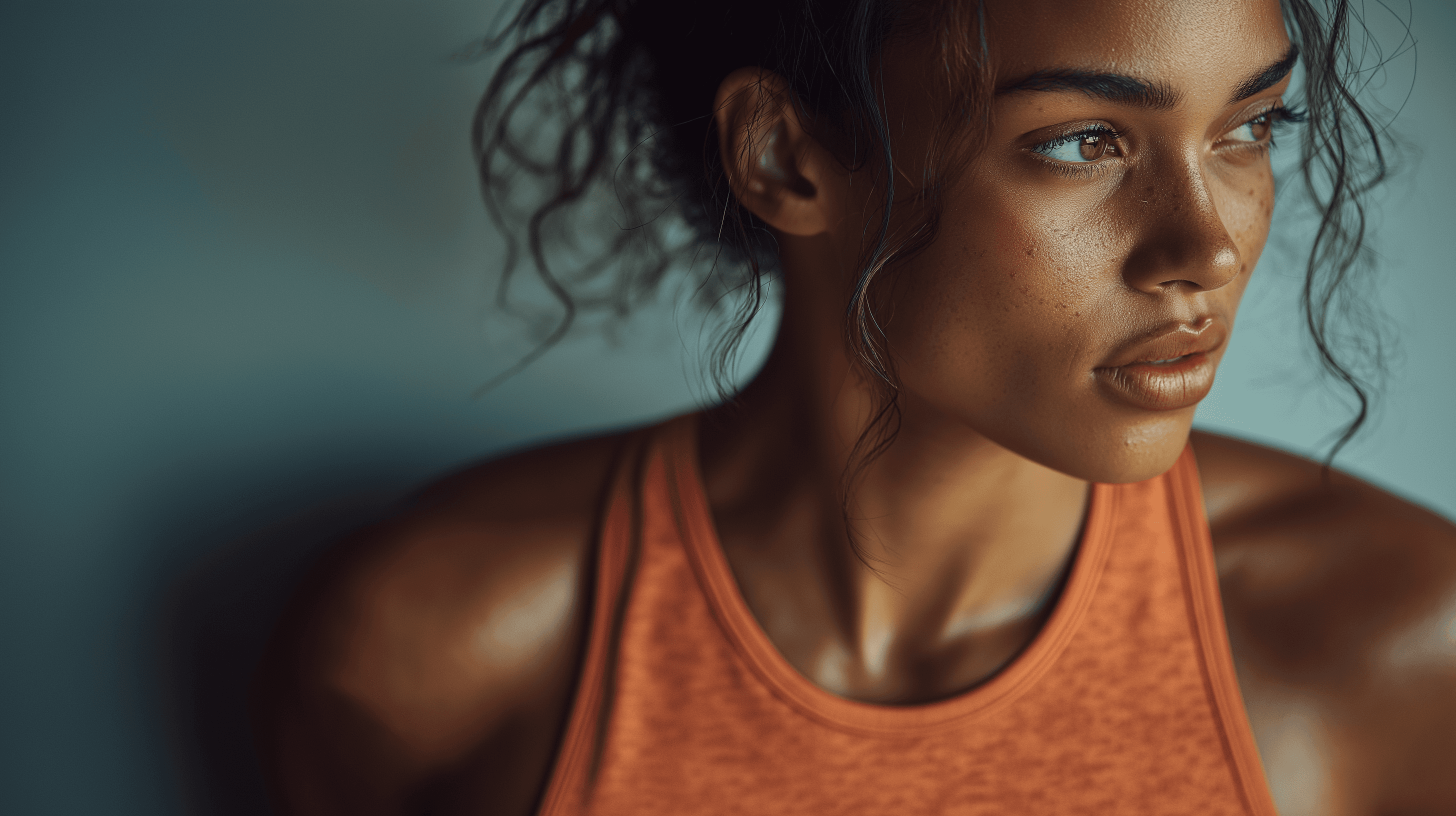 Rachel, personal trainer, looking to the side confidently in a fitness studio