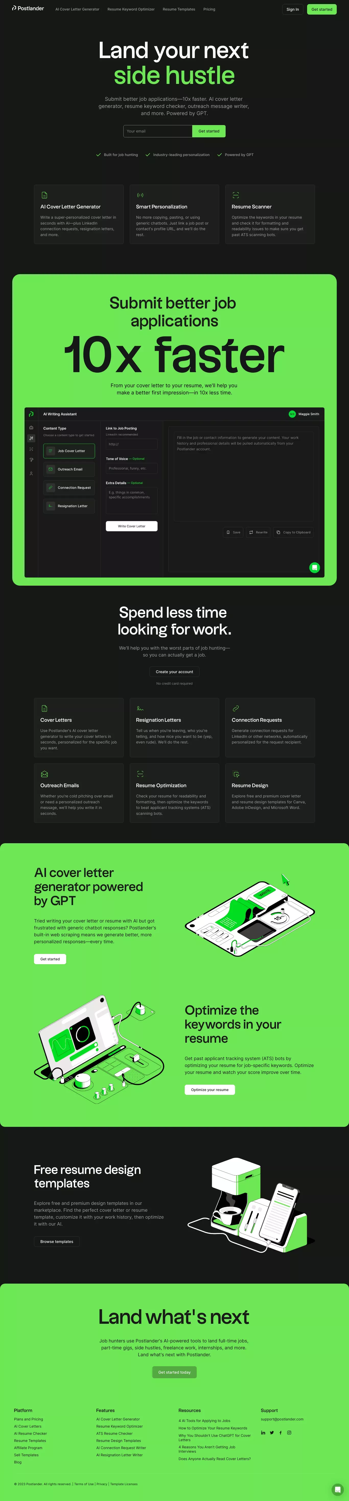 Postlander landing page screenshot showcasing HR and Tech design