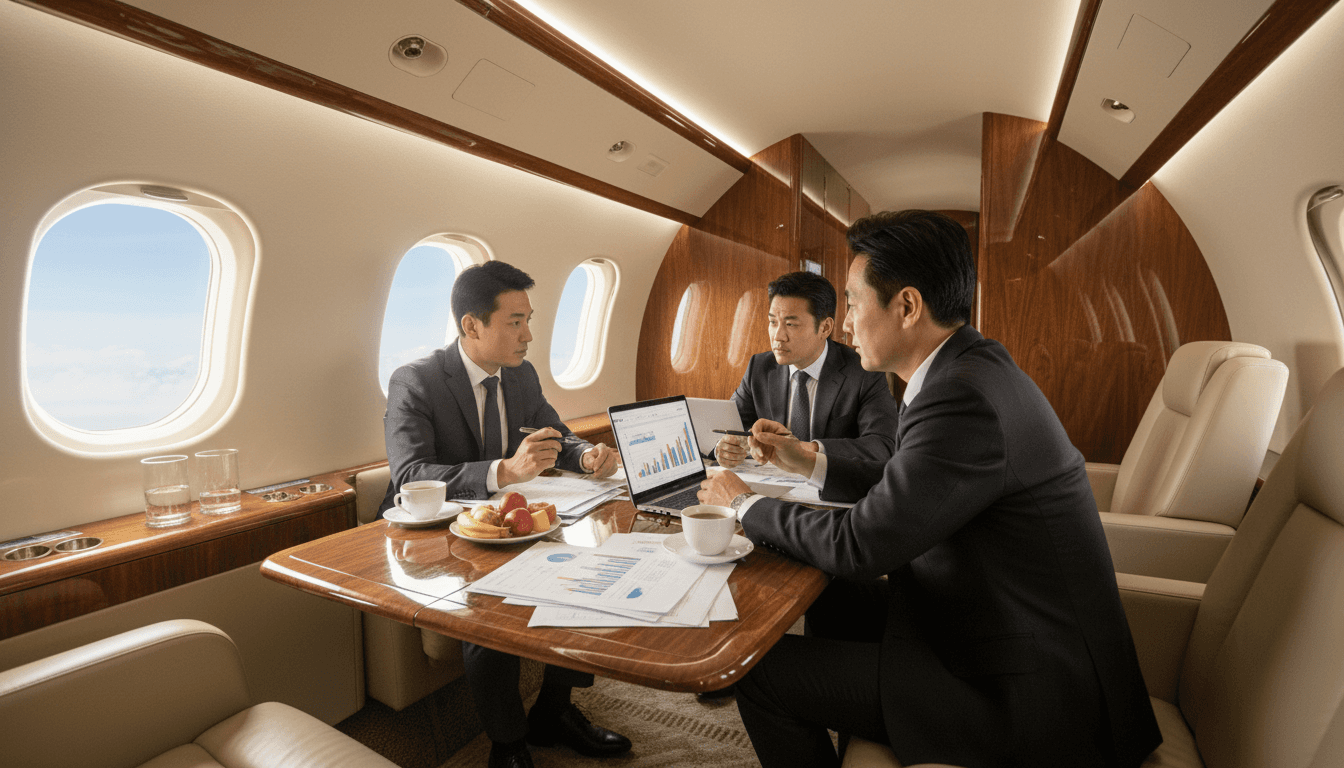 Korean executives holding a meeting with documents inside a private jet cabin — a mobile boardroom on a Seoul–India business trip