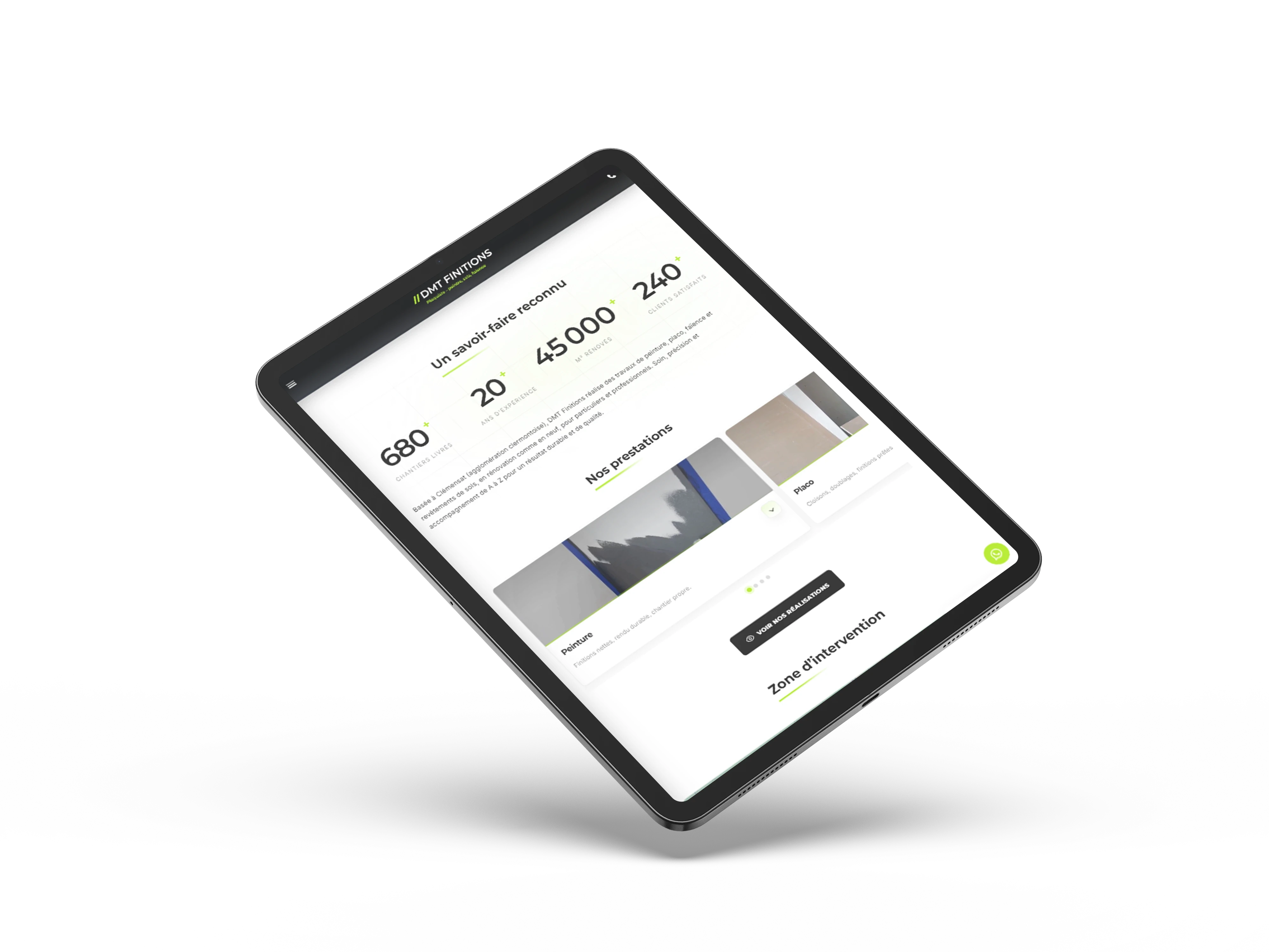 Site web DMT Finitions sur tablette