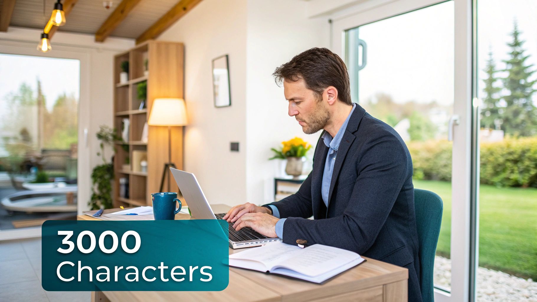 An office worker typing a LinkedIn post on a laptop, with text and article icons overlaid.