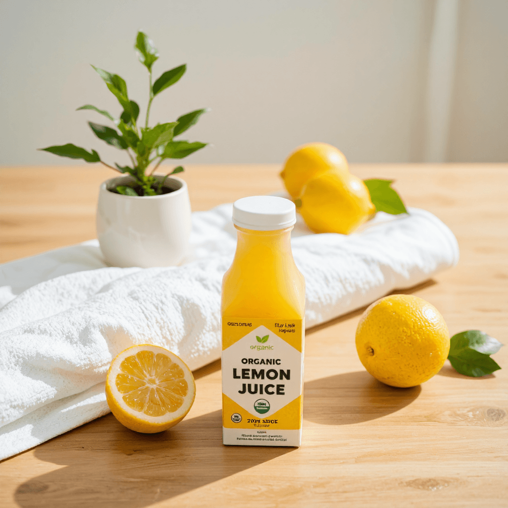 product photography of box of organic lemon juice