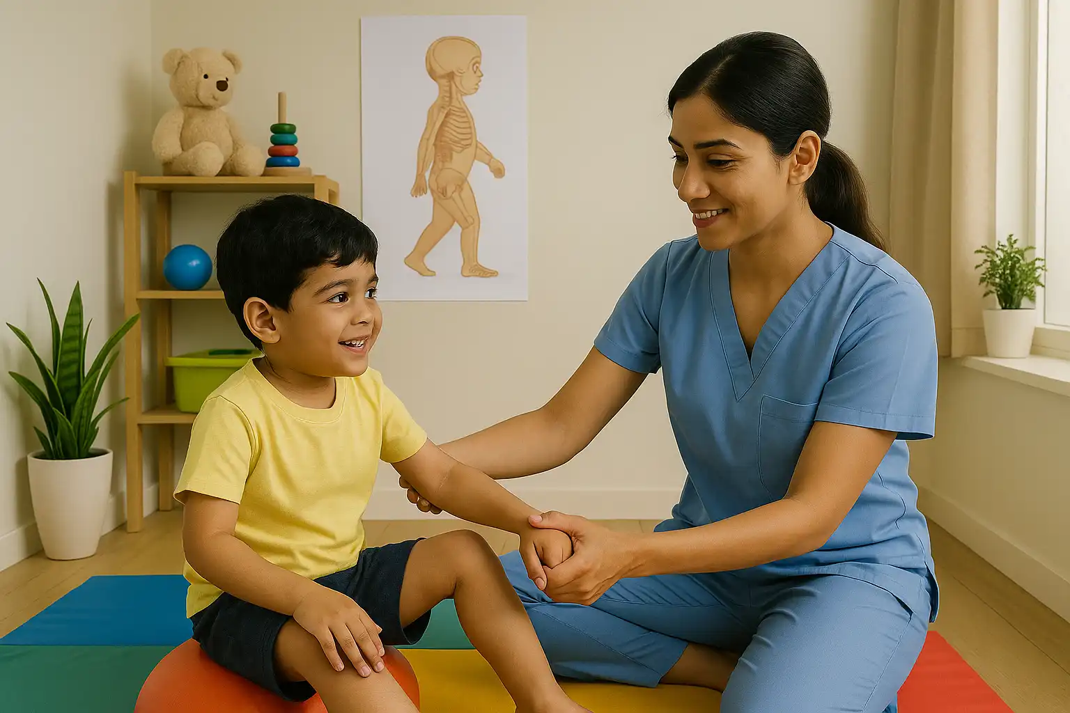 Pediatric physiotherapist guiding a young child through motor skill and balance exercises in a child-friendly therapy environment.