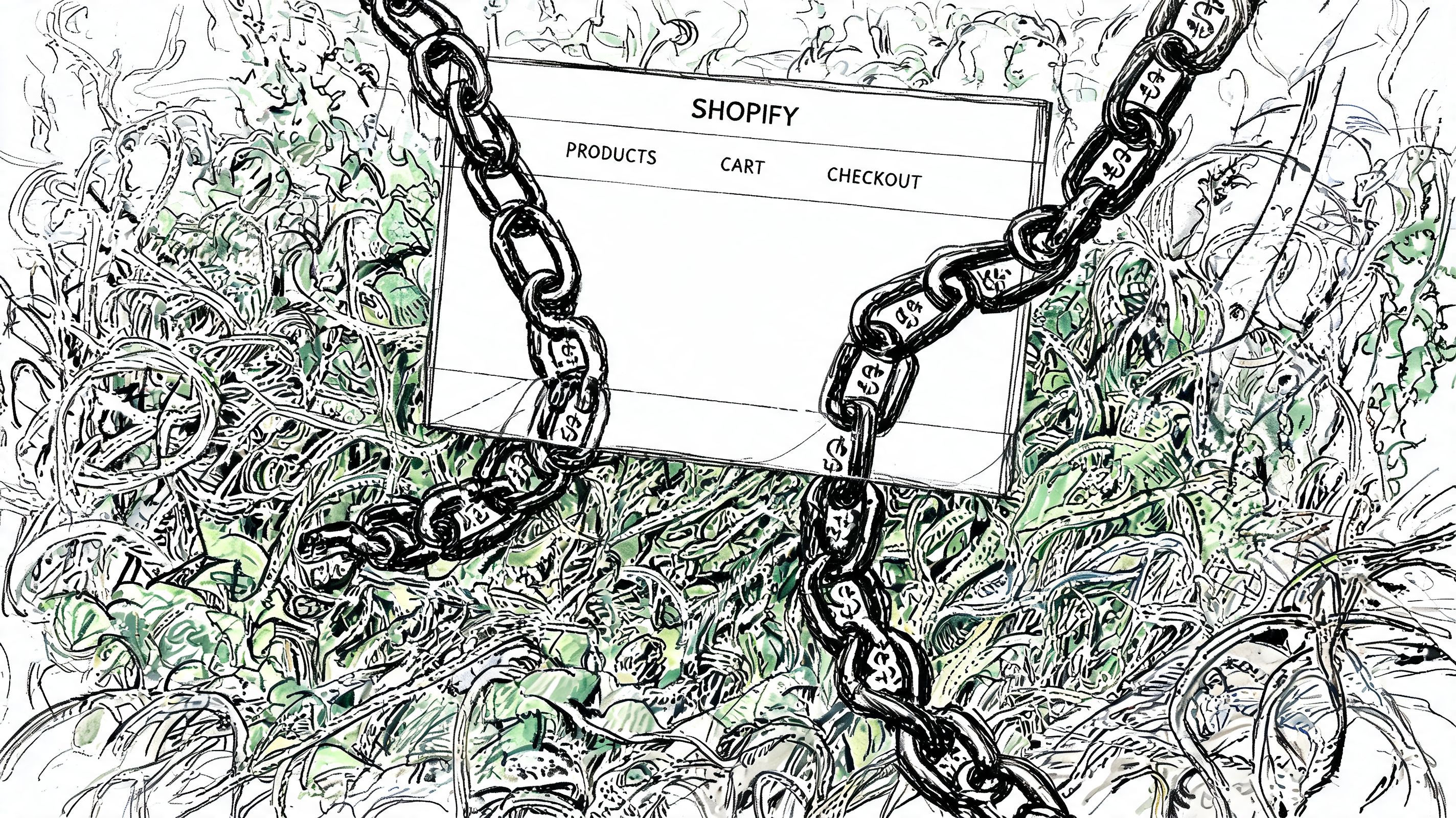 A conceptual illustration of a Shopify website interface constrained by heavy metal chains over a tangled background.