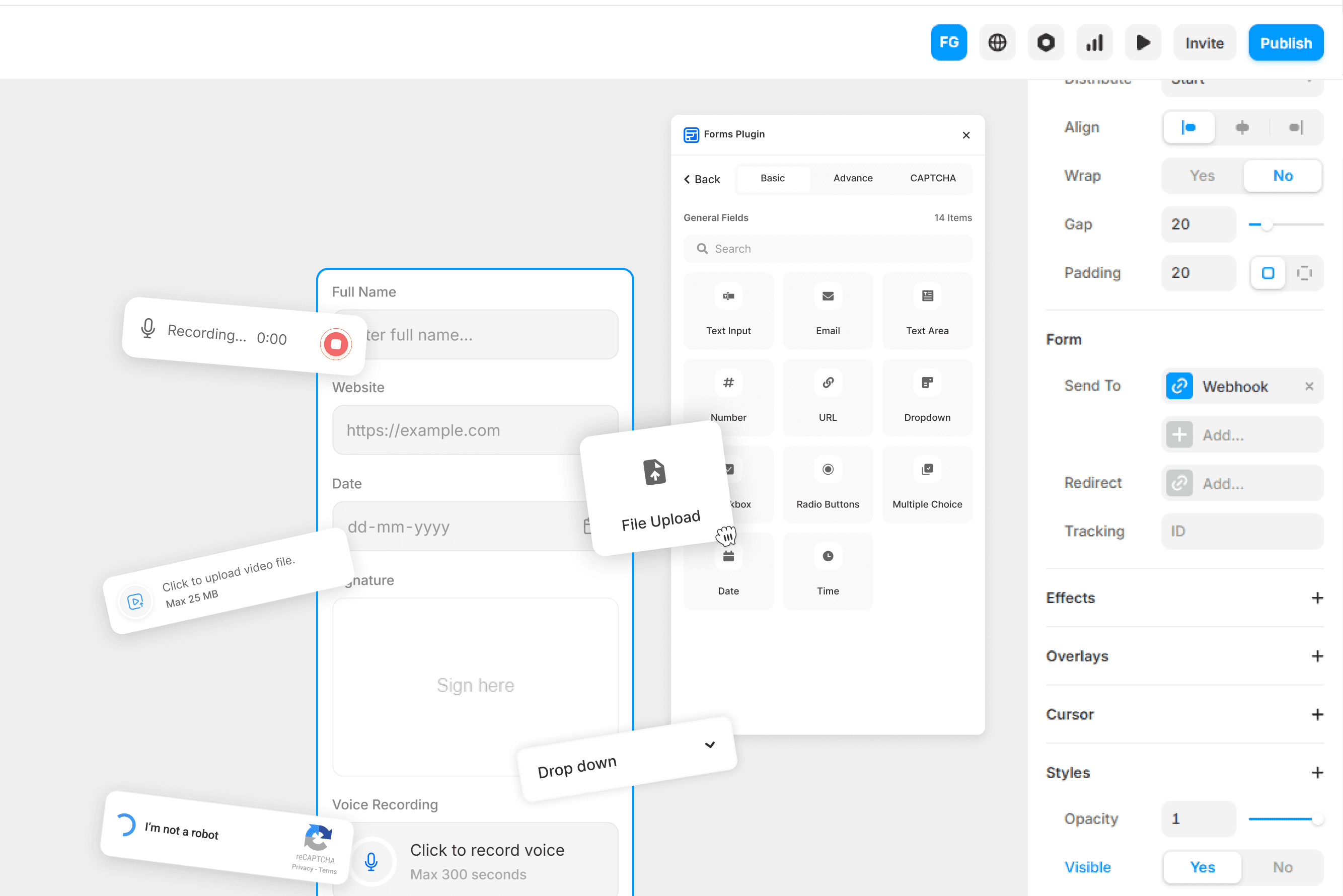 Form design interface with a selection of input fields and live preview.