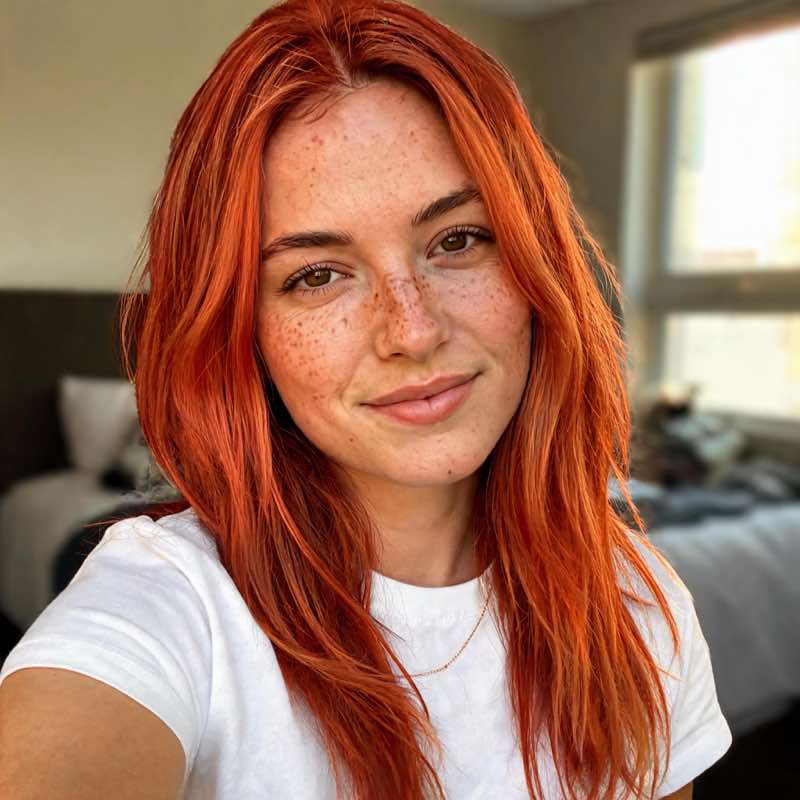 Photorealistic copper-red hair recoloring result created with the APOB AI Nano Banana 2 Lite alternative workflow.