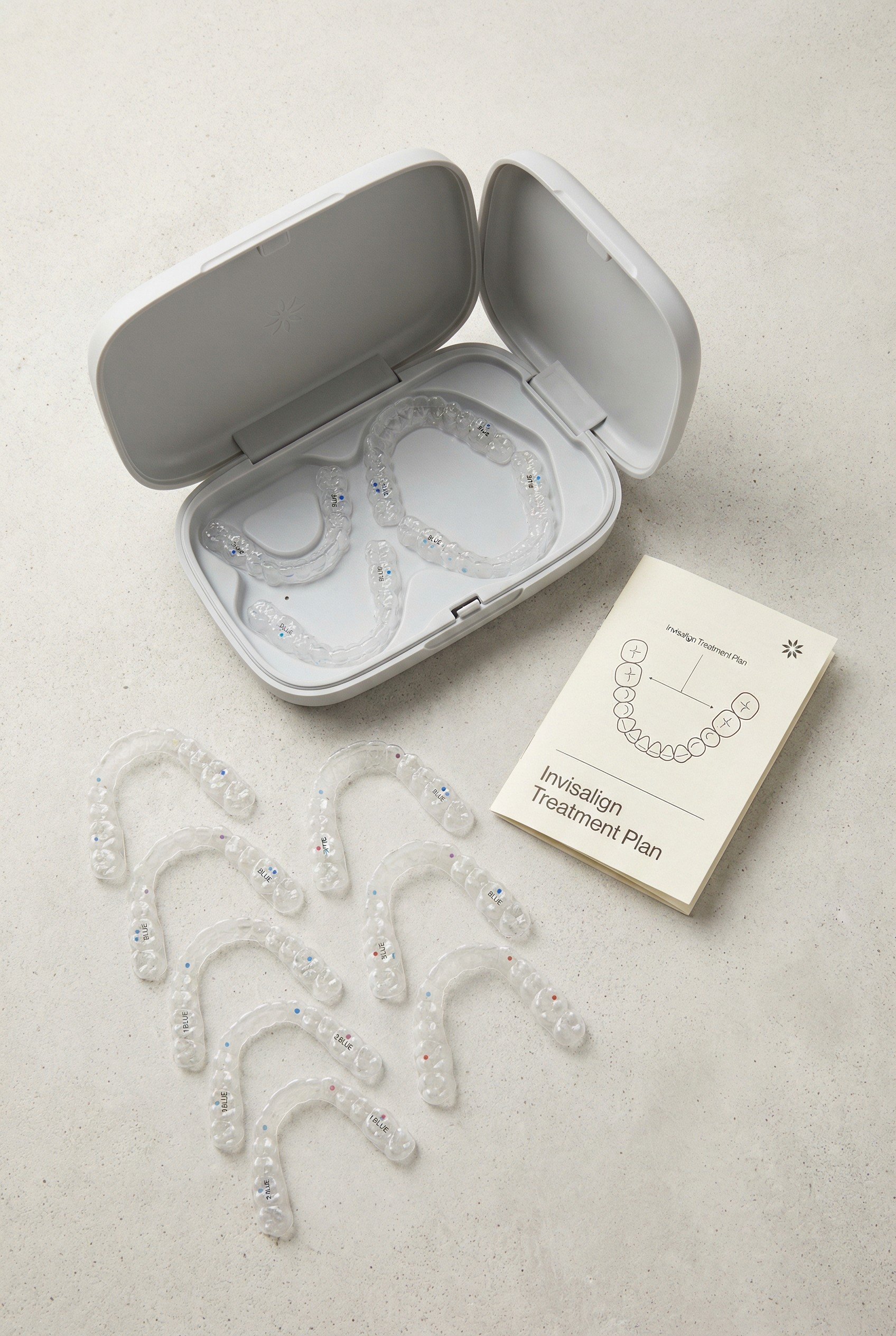 Invisalign treatment case showing sequential clear aligner trays for progressive teeth straightening in adults