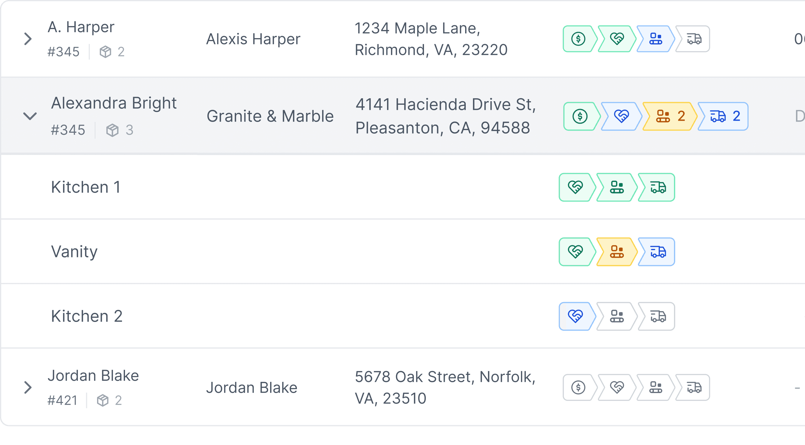 Project overview in Stonify showing accepted quotes, completed fabrication, logistics status, and installation progress.