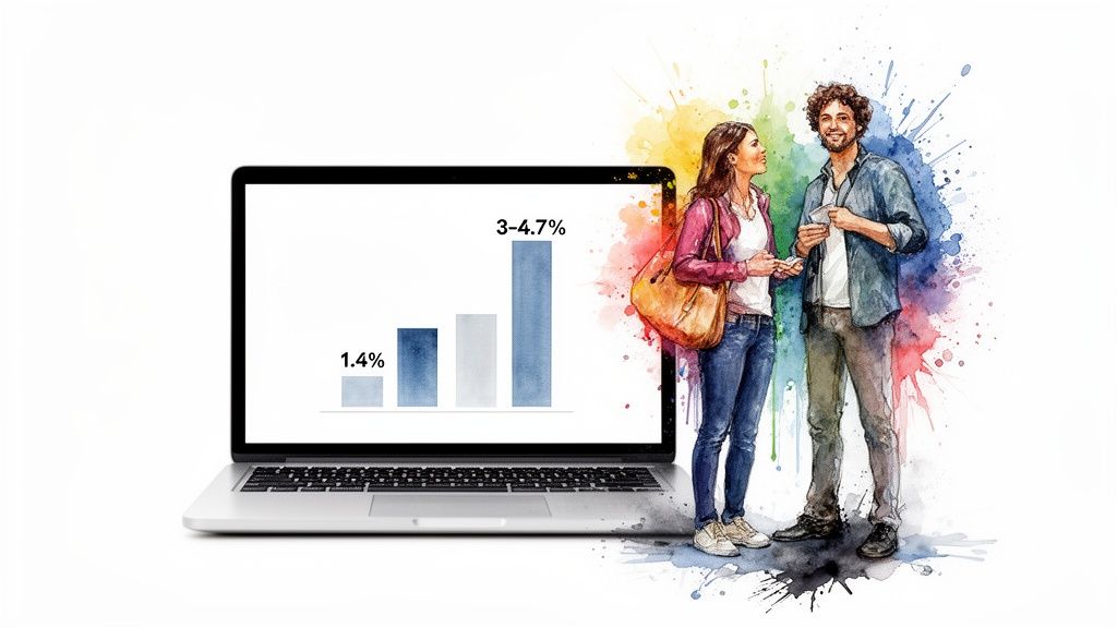 A laptop displays a bar chart with percentages, representing business data, while two people discuss.