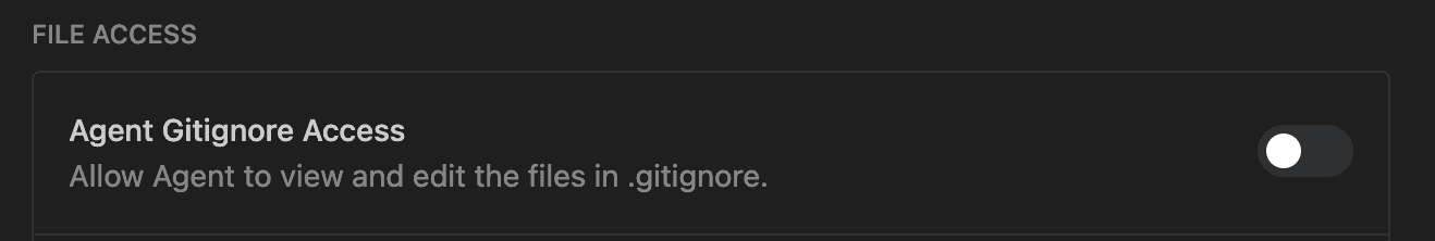Settings page showing 'Agent Gitignore Access' set to 'Off'.