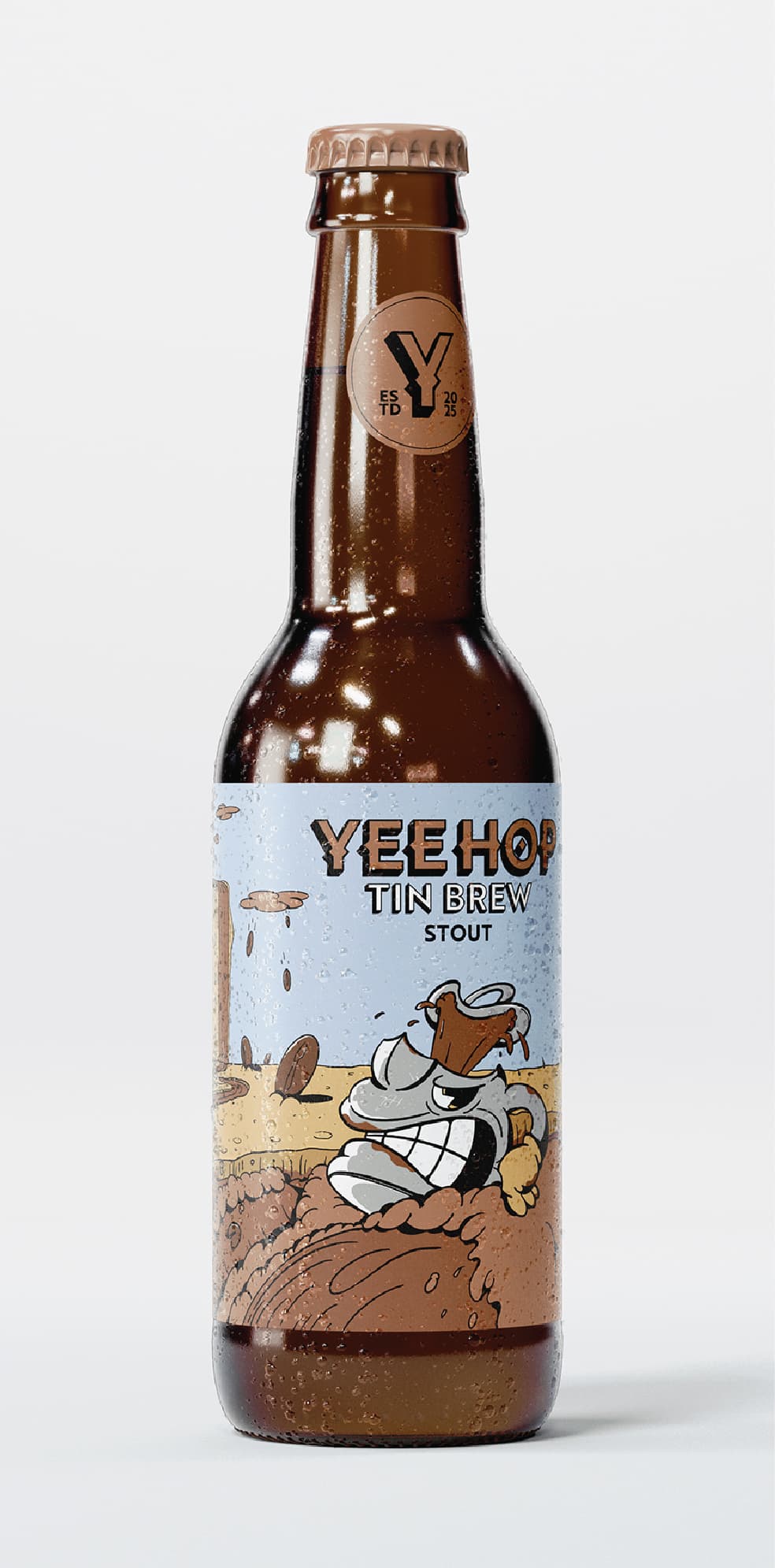 YeeHop Tin Brew Beer bottle, featuring a playful rubber-hose–style label artwork of a kettle character floating down a river of coffee beans in the wild west.