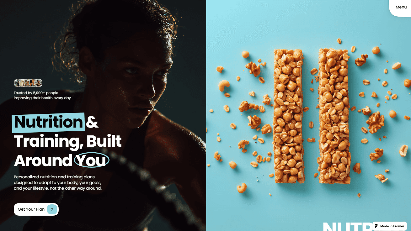 Split-screen nutrition and training website with an athlete on the left, headline "Nutrition & Training, Built Around You," and two protein bars on a blue background on the right.