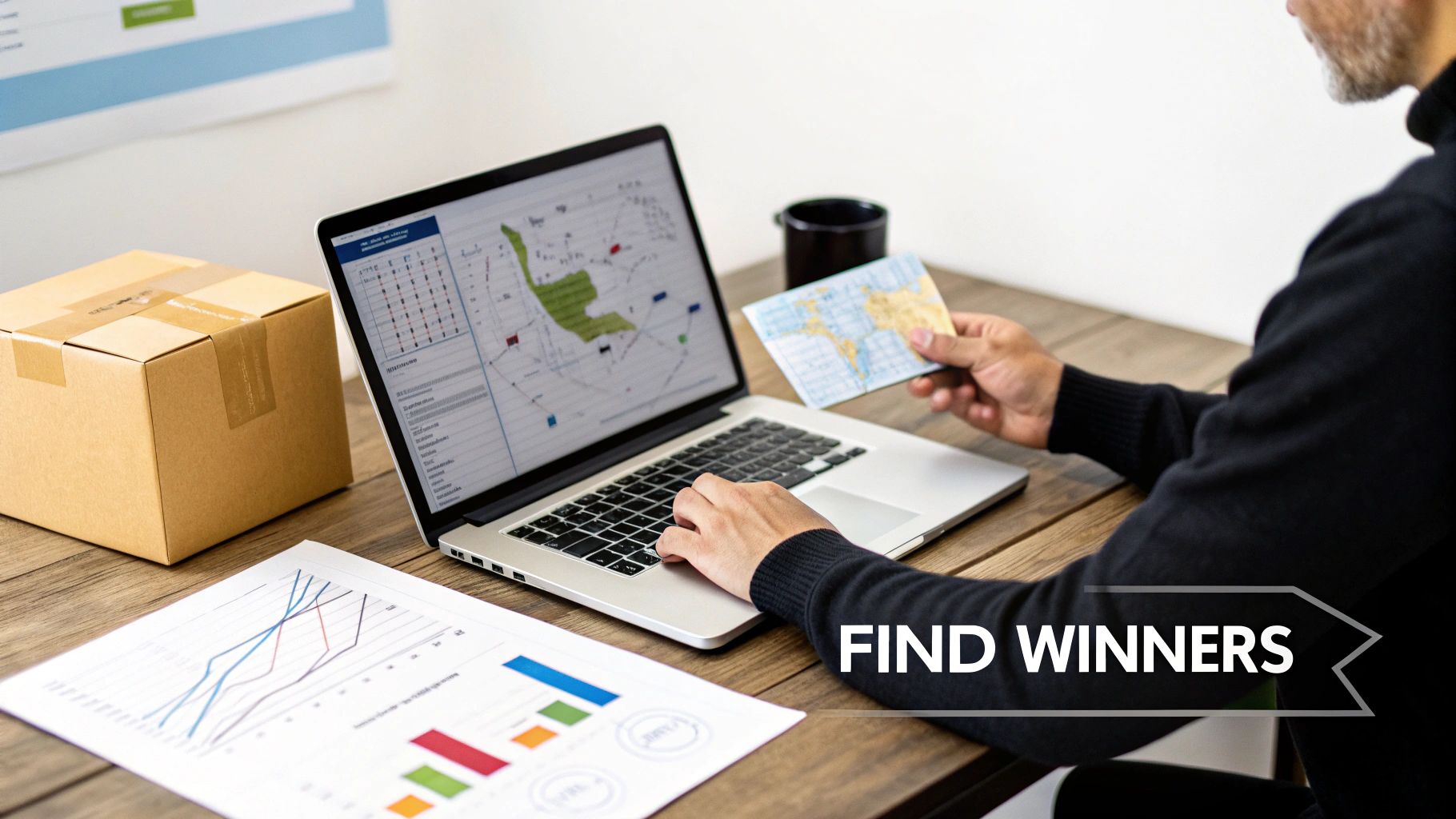 Business person analyzing dropshipping data and maps on laptop to find winning products