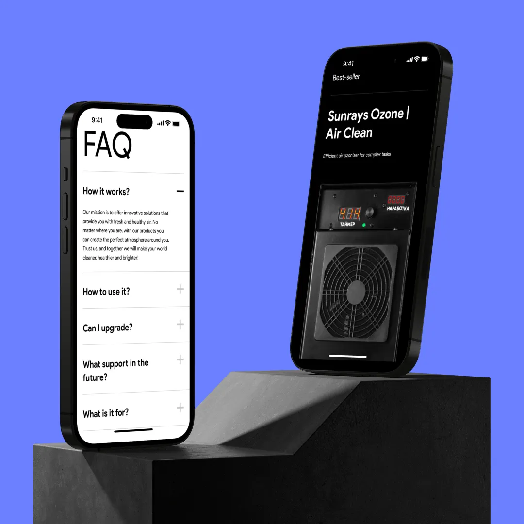 Sunrays mobile app UI mockup with FAQ screen and air purifier product