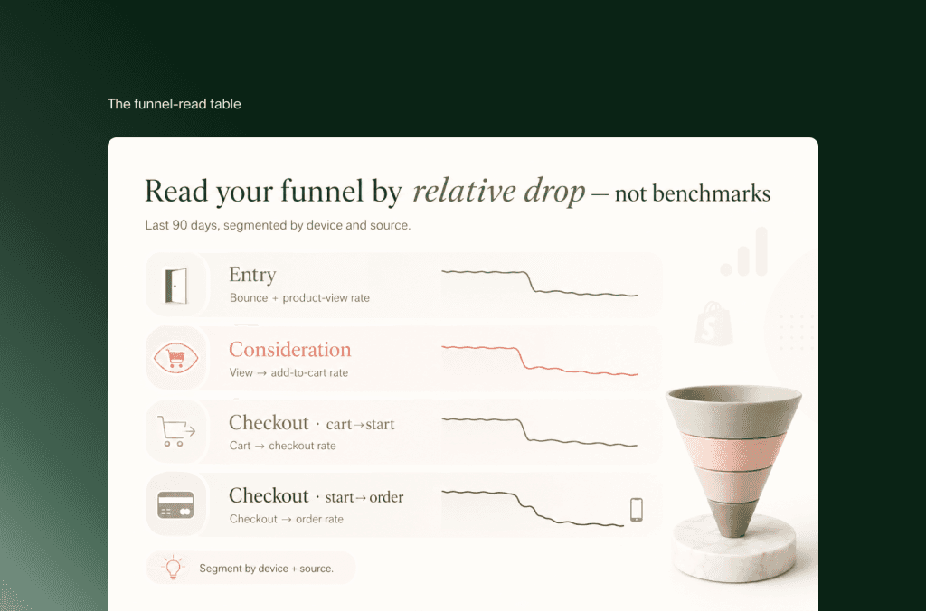 Funnel-Tabelle mit relativen Abbrüchen bei Einstieg, Abwägung, Warenkorb zu Checkout und Checkout zu Bestellung