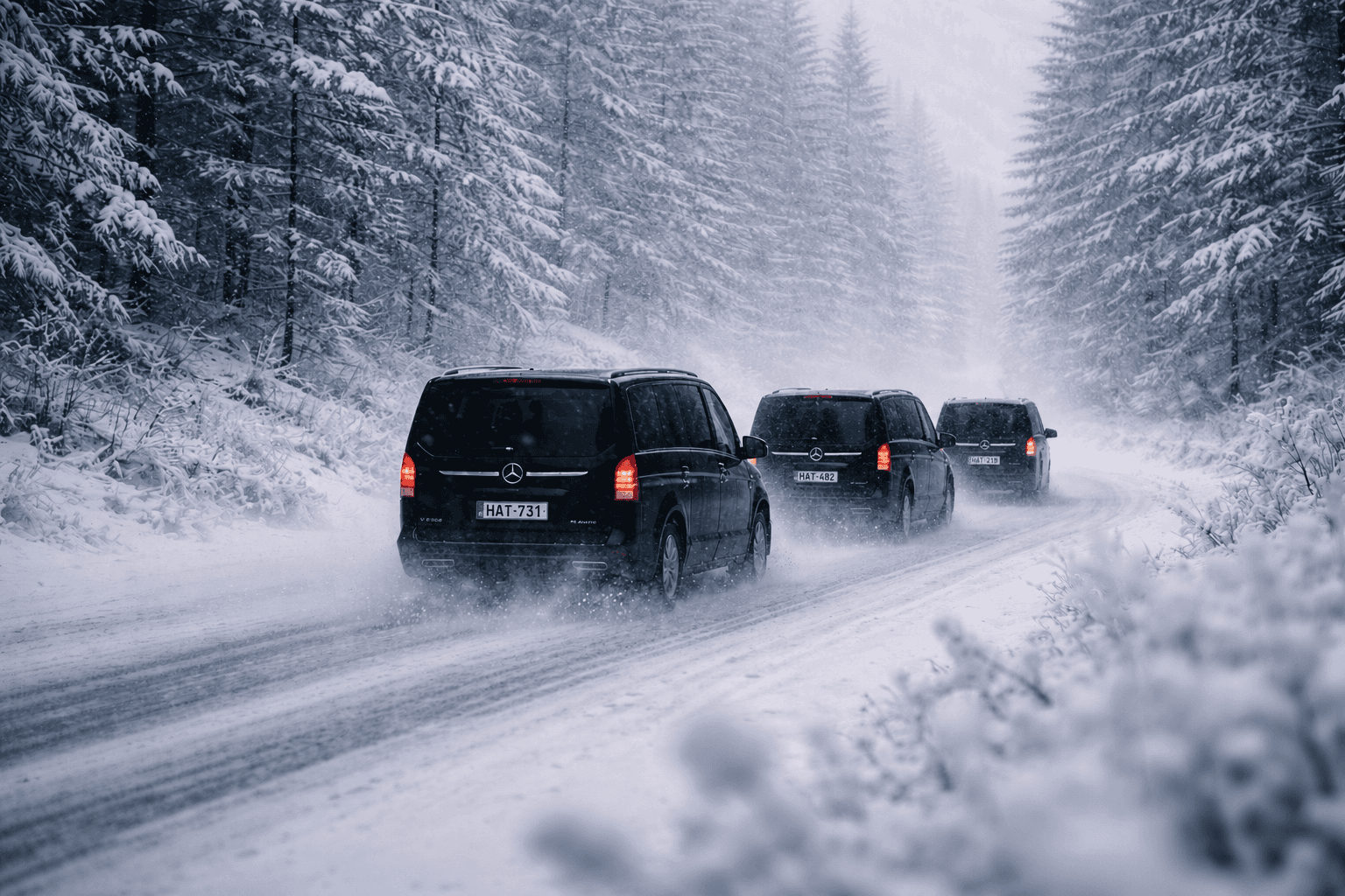 Mercedes V-Class convoy on snowy winter road in Finland — Helsinki Airport transfers