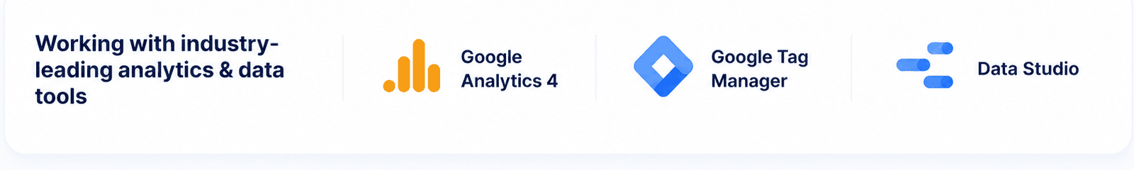 Analytics tools strip showing Google Analytics 4, Google Tag Manager and Data Studio