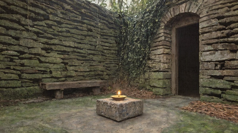 Sacred artwork by Faith and Verse. © Faith and Verse, 2025. All rights reserved. A quiet stone courtyard with wooden bench and lit candle before an open doorway—the domestic spaces of Geel where families took the afflicted into their homes, offering not containment but communion, integrating those seeking healing into the ordinary life of households.