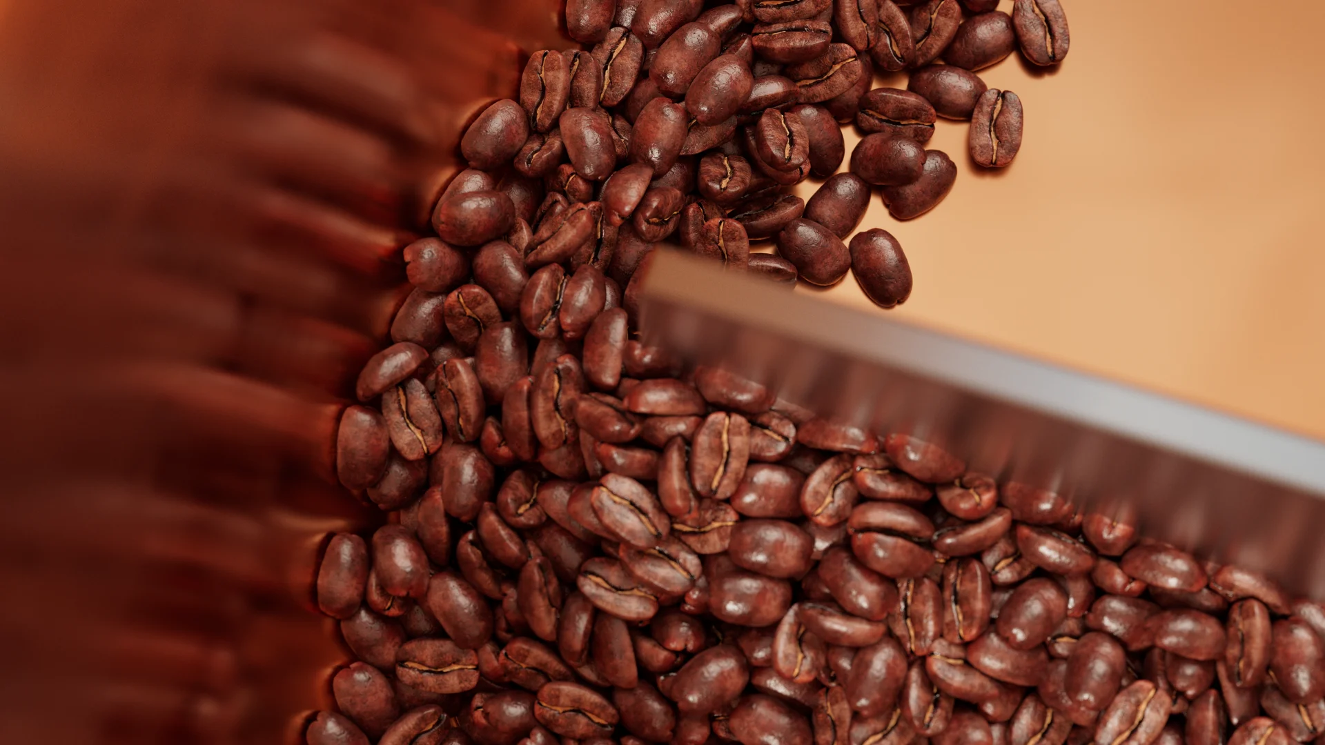 Kaffe Roast Co. coffee roaster 3D render, scattered roasted coffee beans filling frame with copper element in corner, amber background