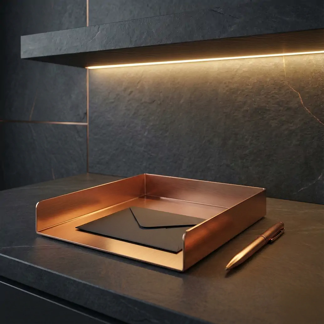 Enveloppe noire dans un plateau en cuivre sur un plan de travail en ardoise, illustrant la prise de contact avec DJSanit.