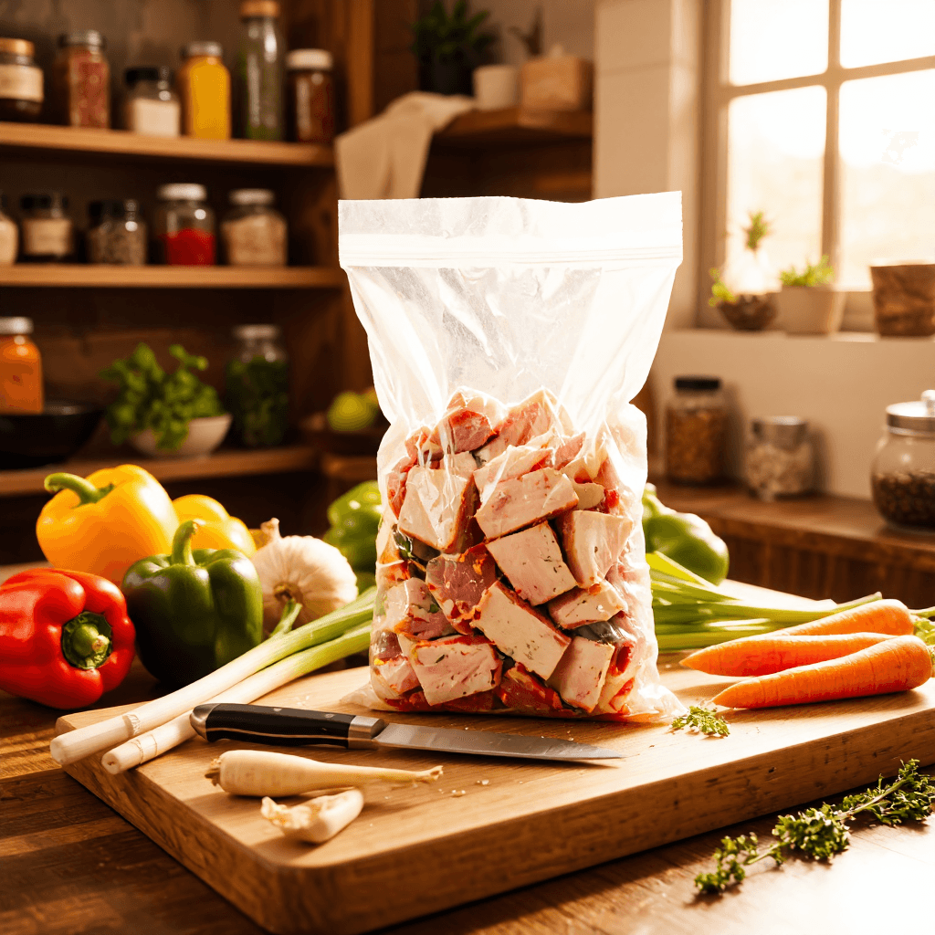 product photography of bag of frozen pork