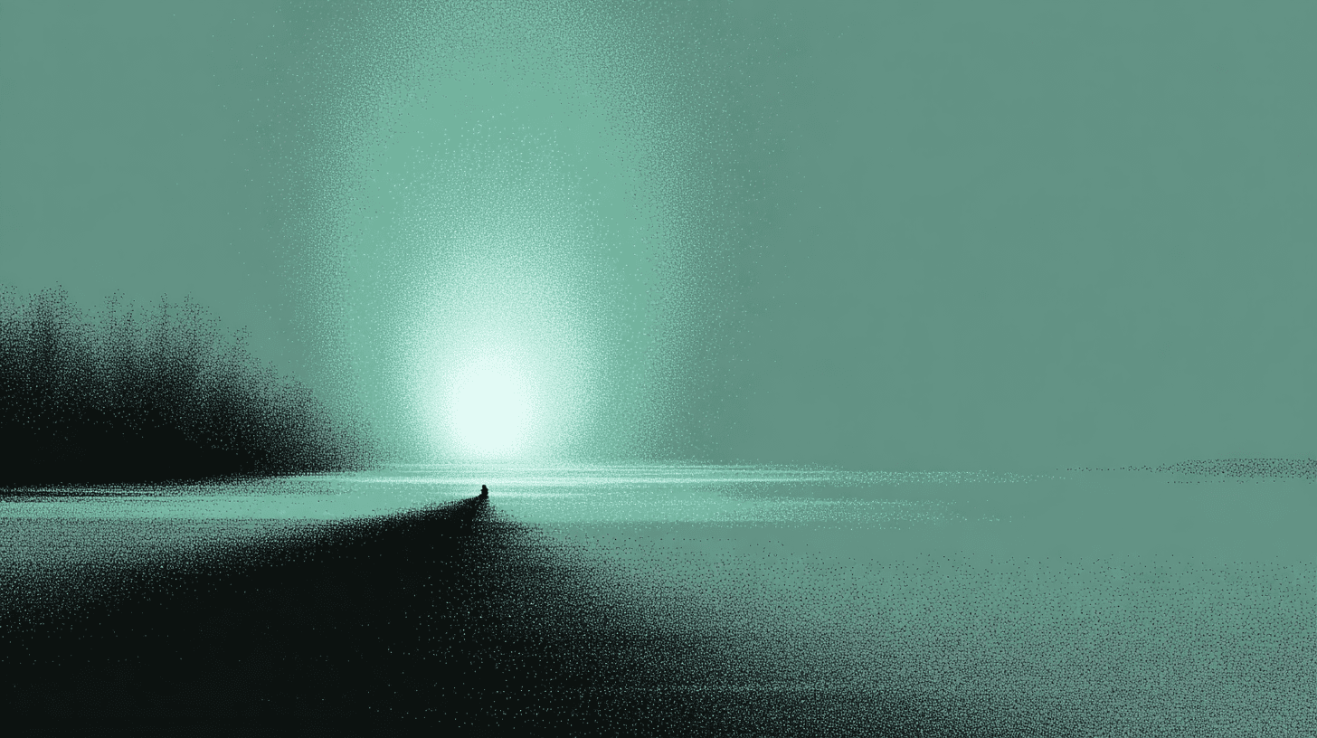 Minimal glowing horizon with a lone figure and circular light in the distance, symbolizing clarity, direction, and safe decision-making.