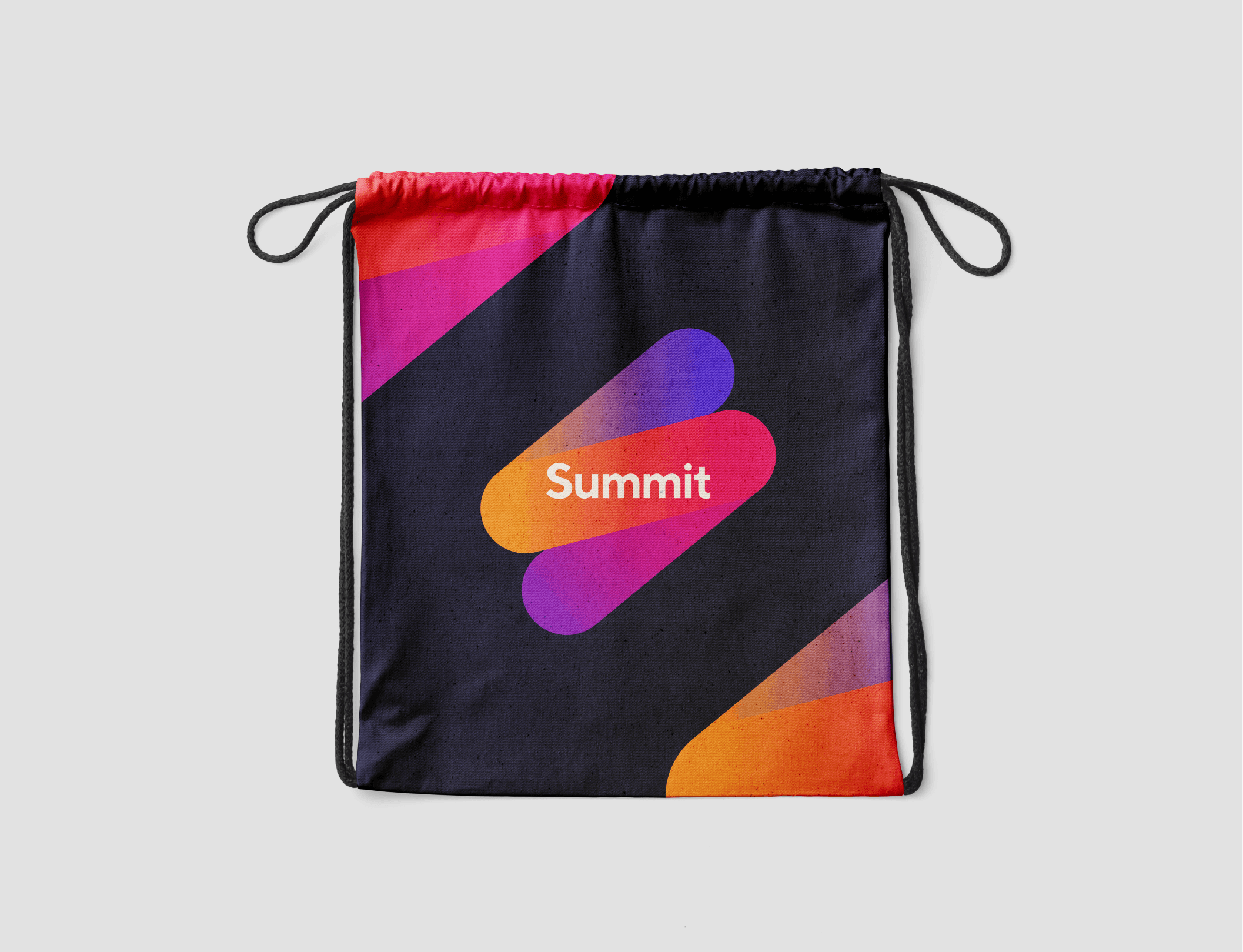 Black drawstring bag featuring a colourful gradient “Summit” logo with bold geometric accents