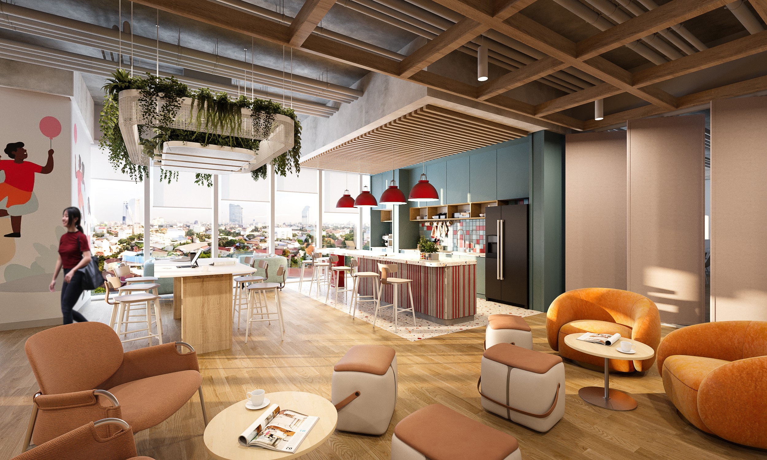 Interior architecture of a multi-level concourse at Al Sahil Mall in Al Khobar, featuring an open ceiling design with wooden accents and clear glass balustrades, enhancing natural light and vertical connections.
