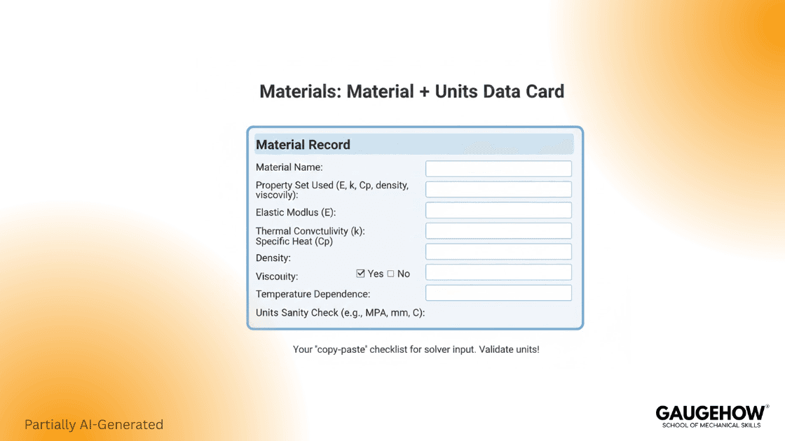 COMSOL materials checklist with units and temperature dependence