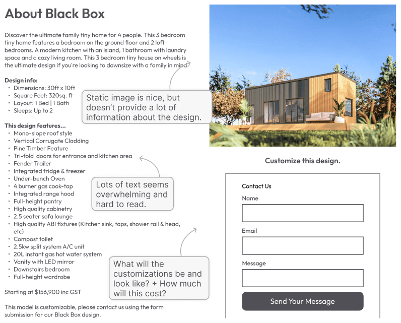 Old Way showing outdated landing page with hard to digest information about a tiny home.