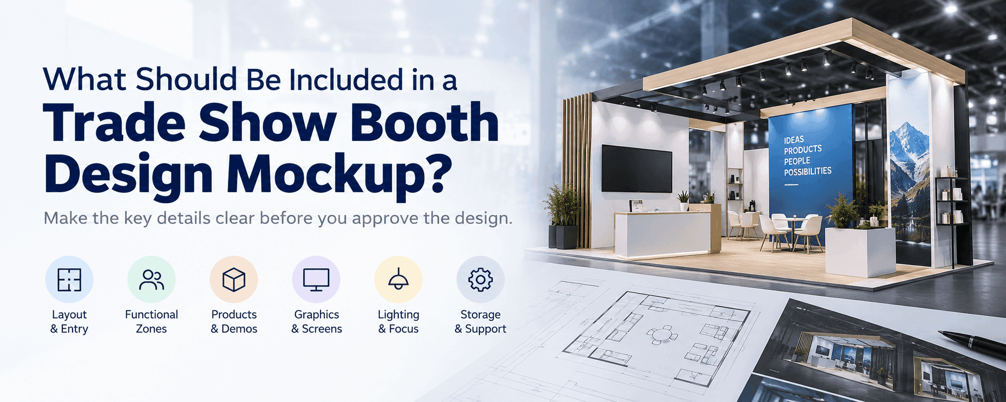 Trade show booth design mockup showing layout, entry points, functional zones, products, graphics, screens, lighting, and storage planning