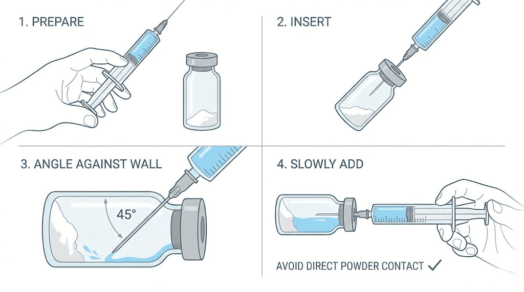 How to reconstitute 5mg semaglutide showing proper needle angle and water flow technique