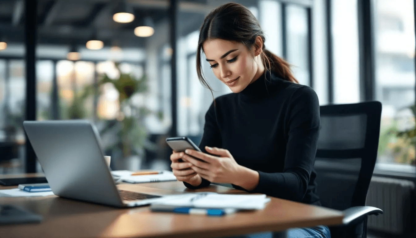 A content creator is intently analyzing social media engagement metrics on their mobile device, focusing on data from various social media platforms to understand user interaction and improve their social media marketing strategies. The screen displays graphs and statistics that reflect the engagement levels of their posts, highlighting the importance of connecting with followers and potential customers through effective content sharing.