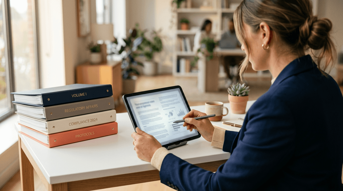 Professional reviewing pharmaceutical regulatory documents on a tablet at a clean desk