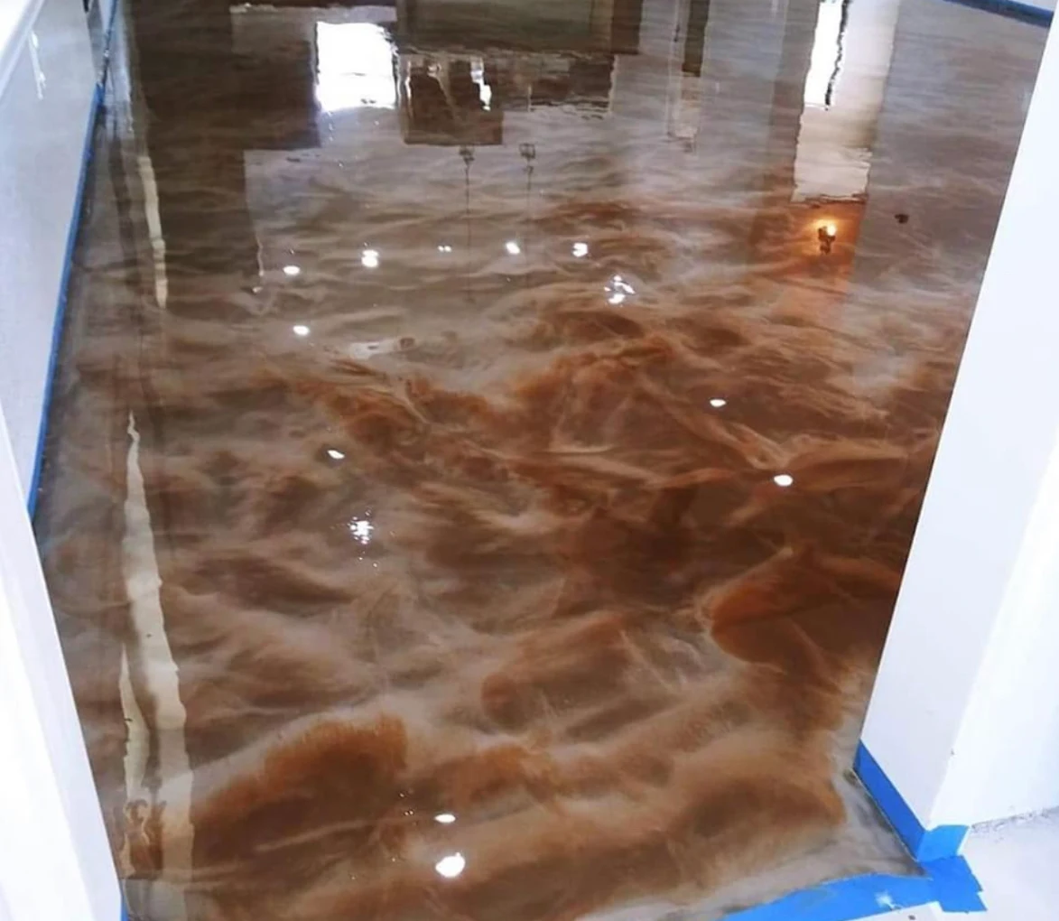 Wood look metallic epoxy floor coating interior
