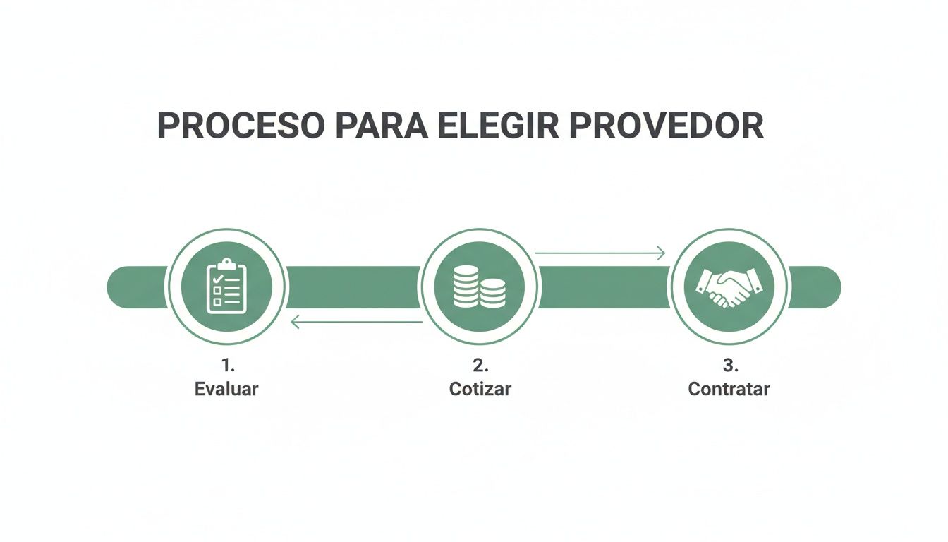 Diagrama de tres pasos para elegir un proveedor: evaluar, cotizar y contratar, con iconos ilustrativos.