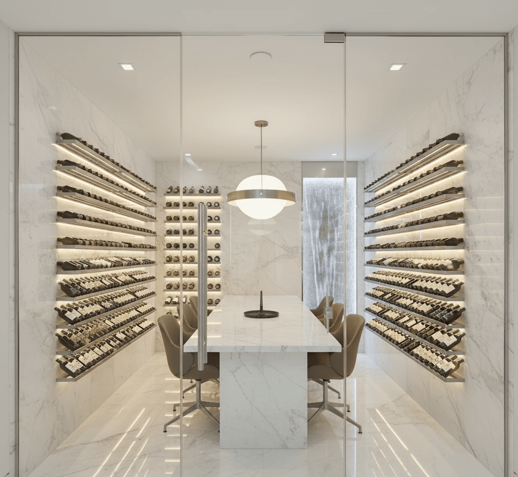 modern white marble and frameless glass luxury custom wine cellar