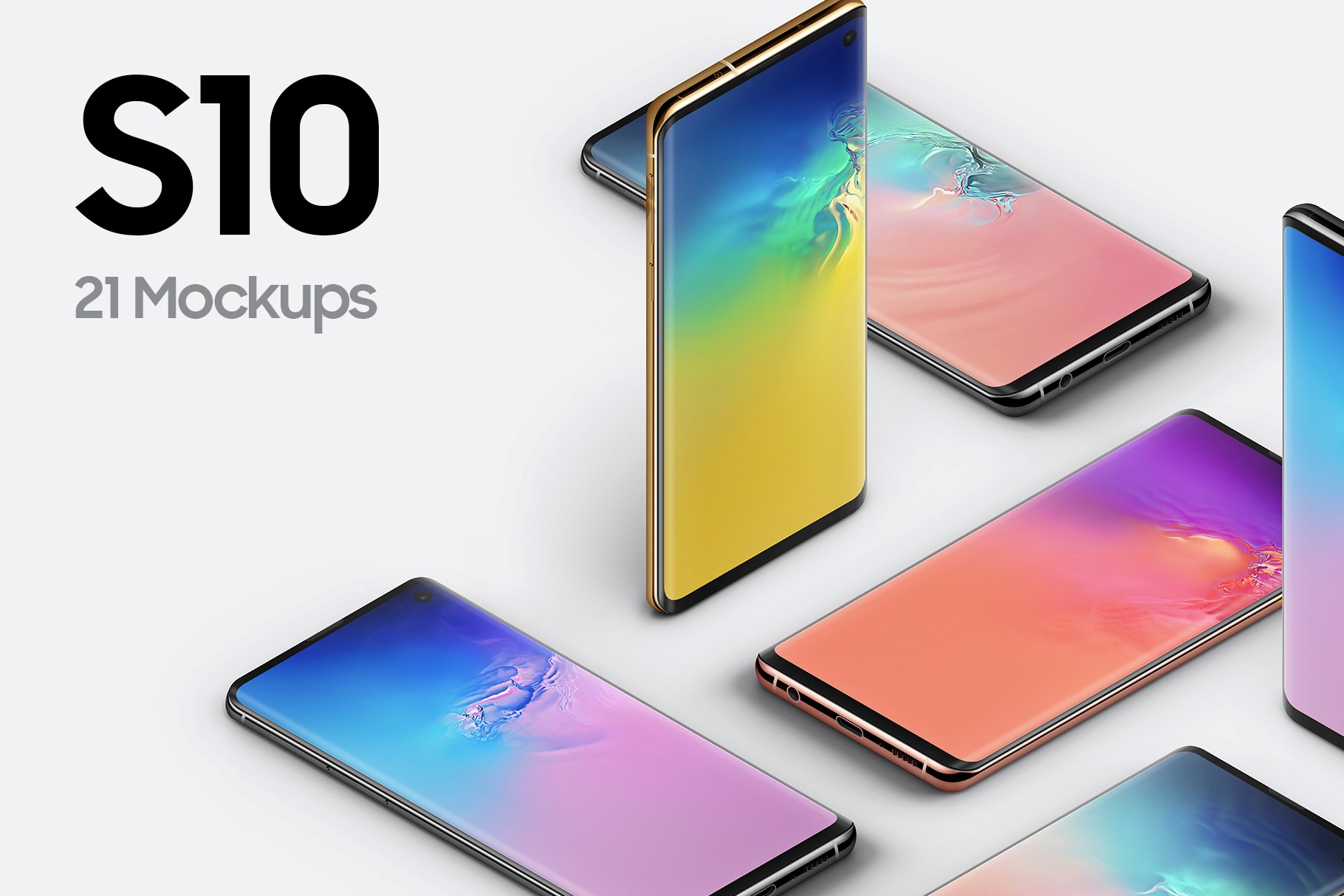 Samsung Galaxy S10 mockups showcasing multiple angles of the device in vibrant colors.